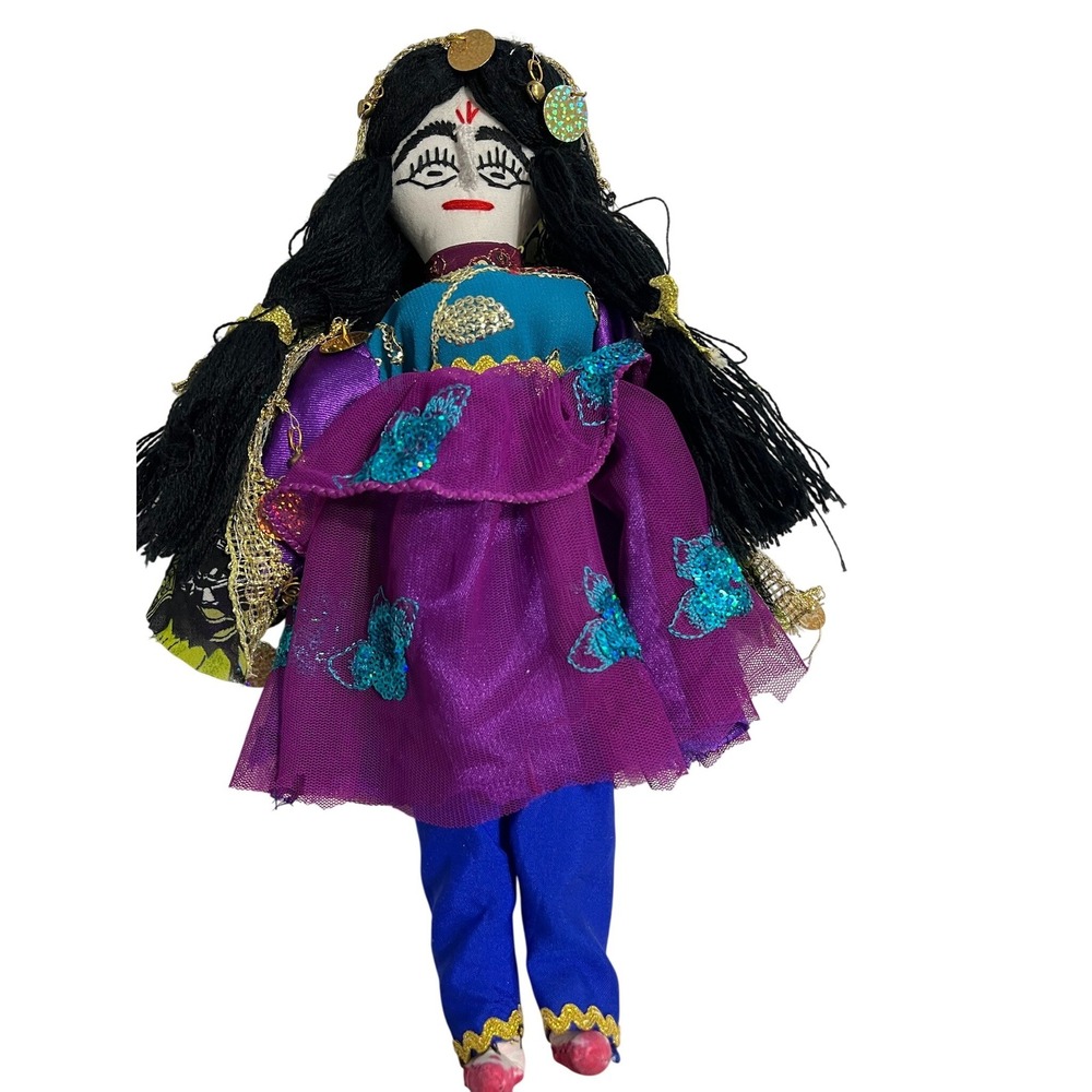 Handmade Indian Folk Art Goddess Cloth Doll Gold Coins Bells Embroidered OOAK